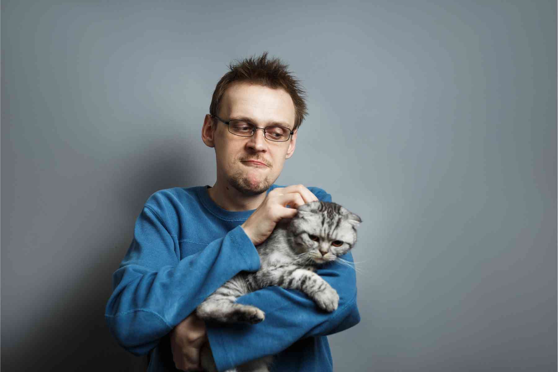 Gray cat hugs man's arm while the man pets the cat