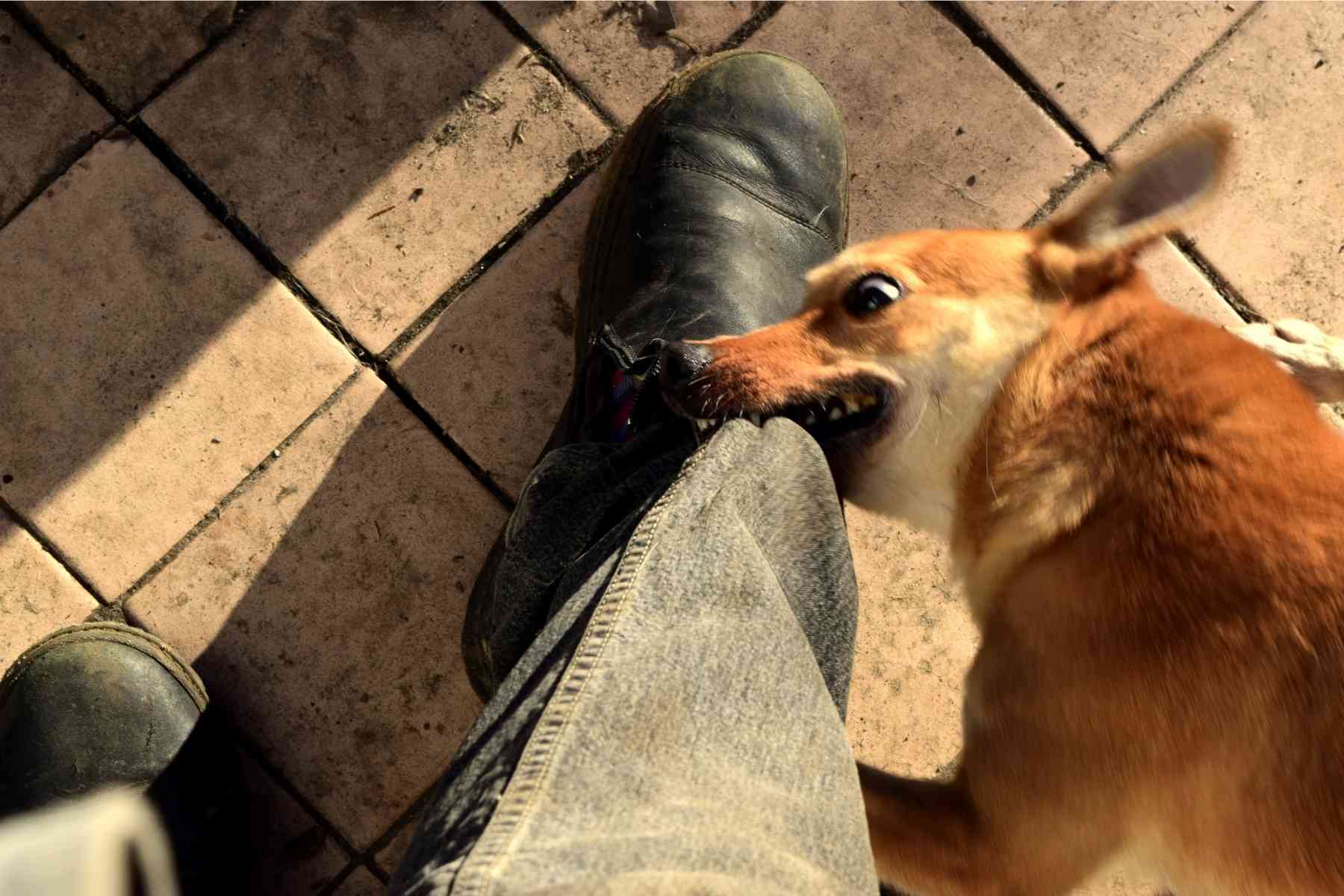 Cute small dog nibbling on owner's trousers