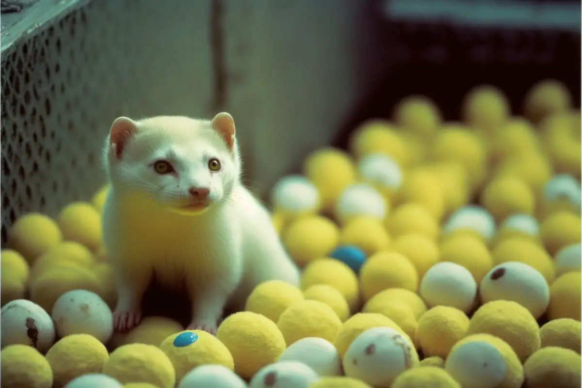 white ferret in a sea of yellow and white balls