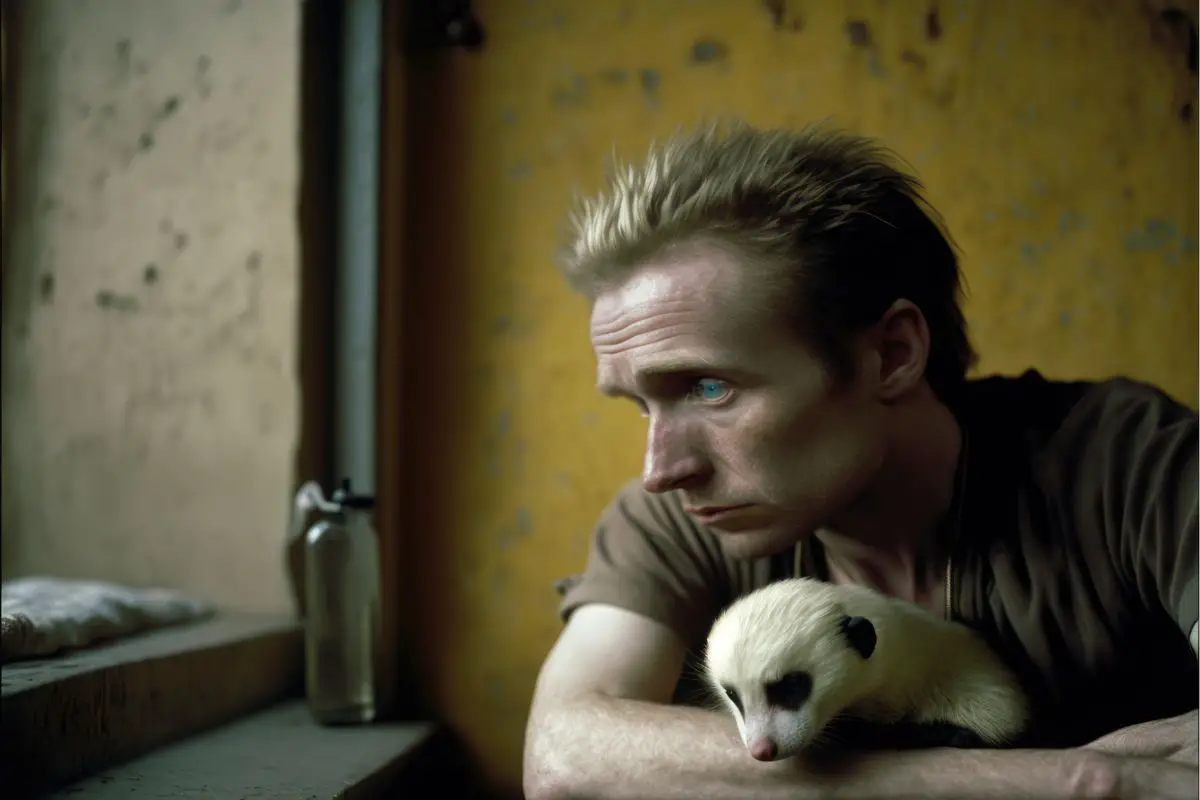 sad man in his 40s sitting at a table with his ferret