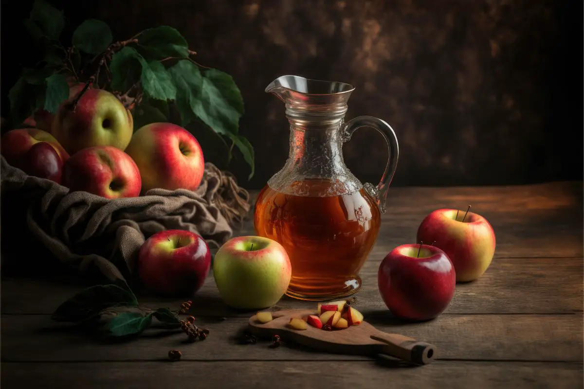 apple cider vinegar in a beautiful carafe on a table with apples