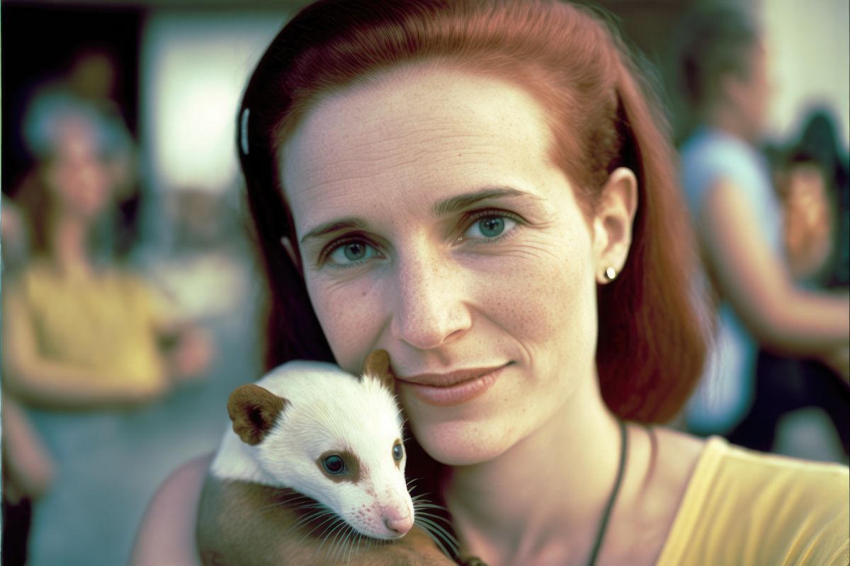red-haired woman in her 30s holding a ferret