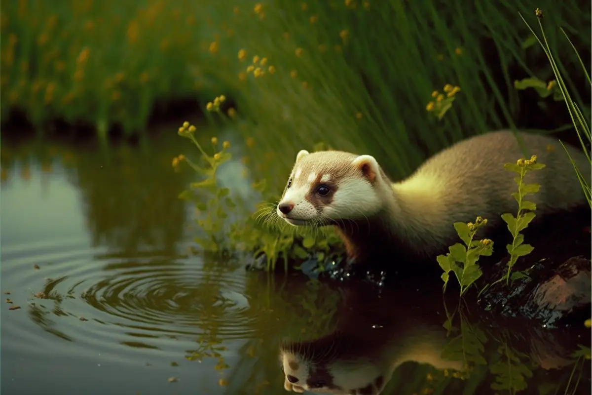 Side shot of a ferret by the water