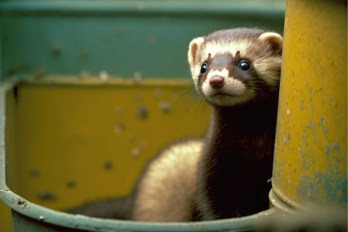 ferret inside a steel bucket looking up