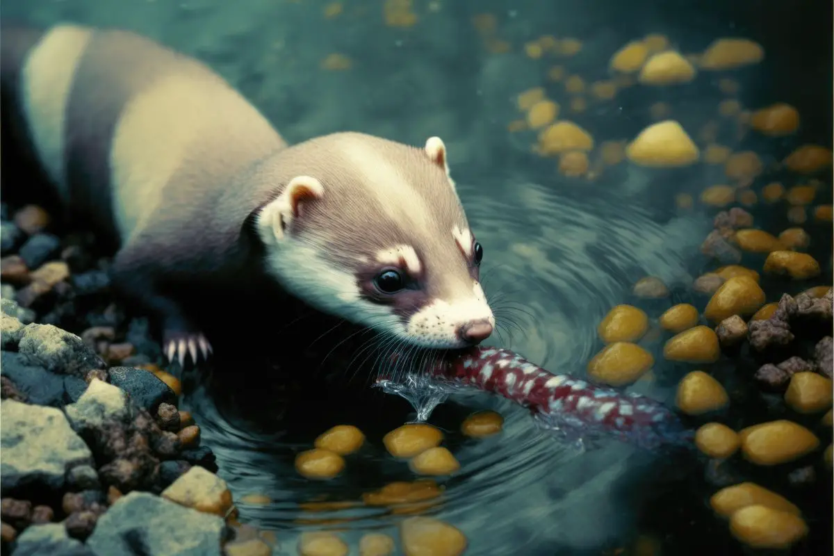 ferret hunting fish in a shallow pond