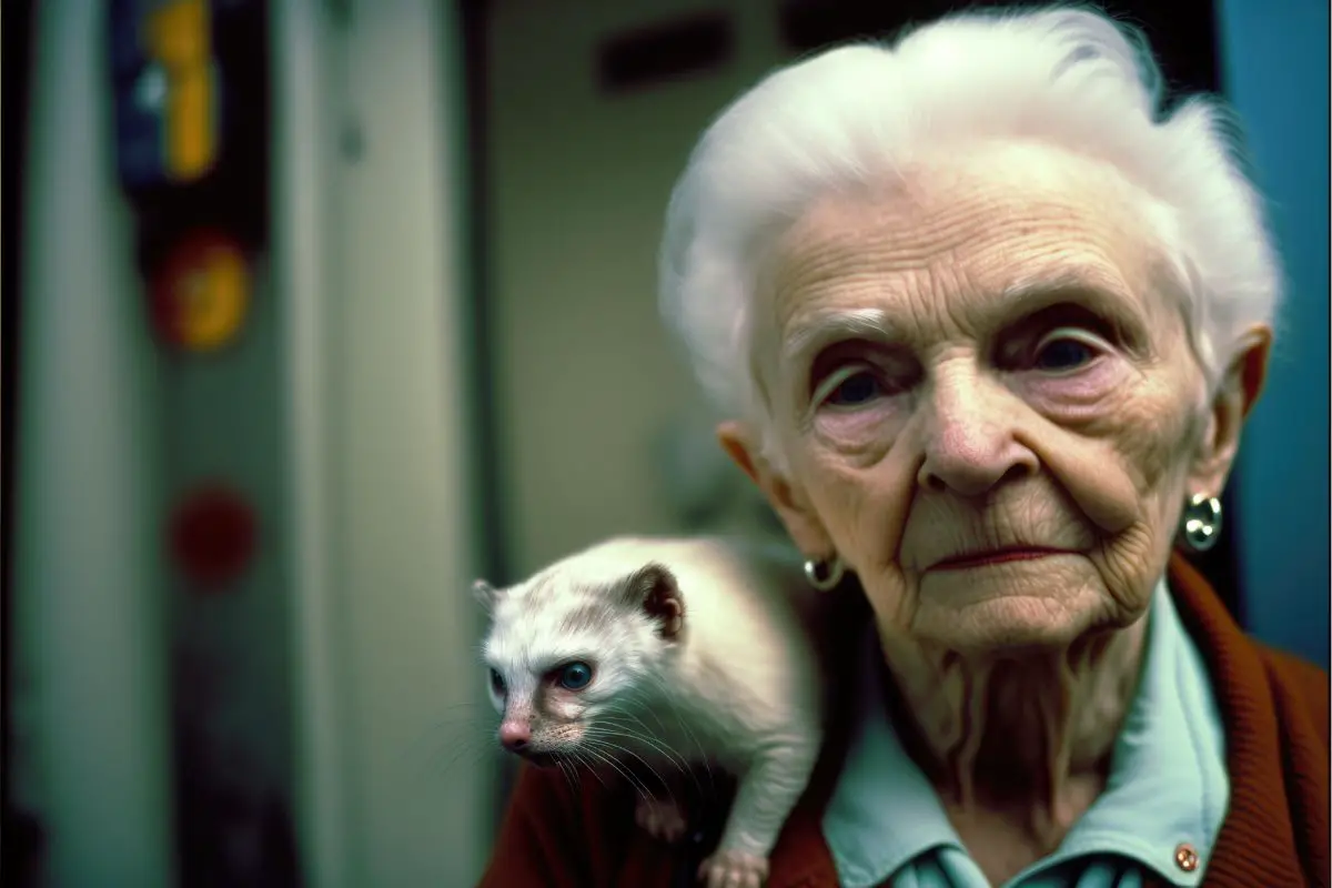 white ferret and a sad old lady
