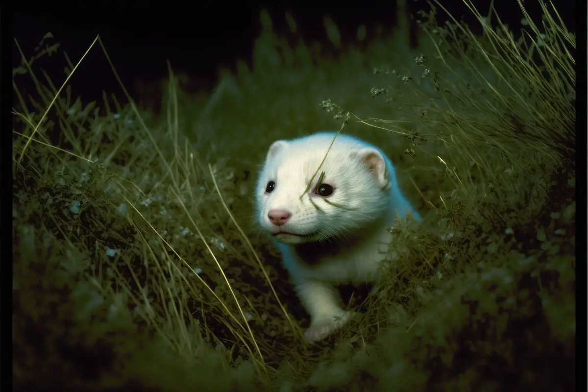white ferret walking in the grass by night