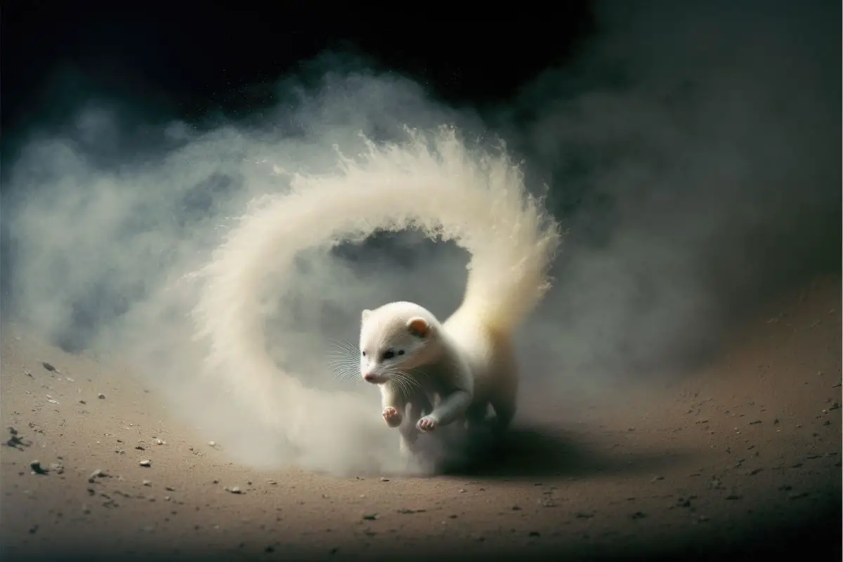 artpiece ferret running and its tail turns into a circle of smoke