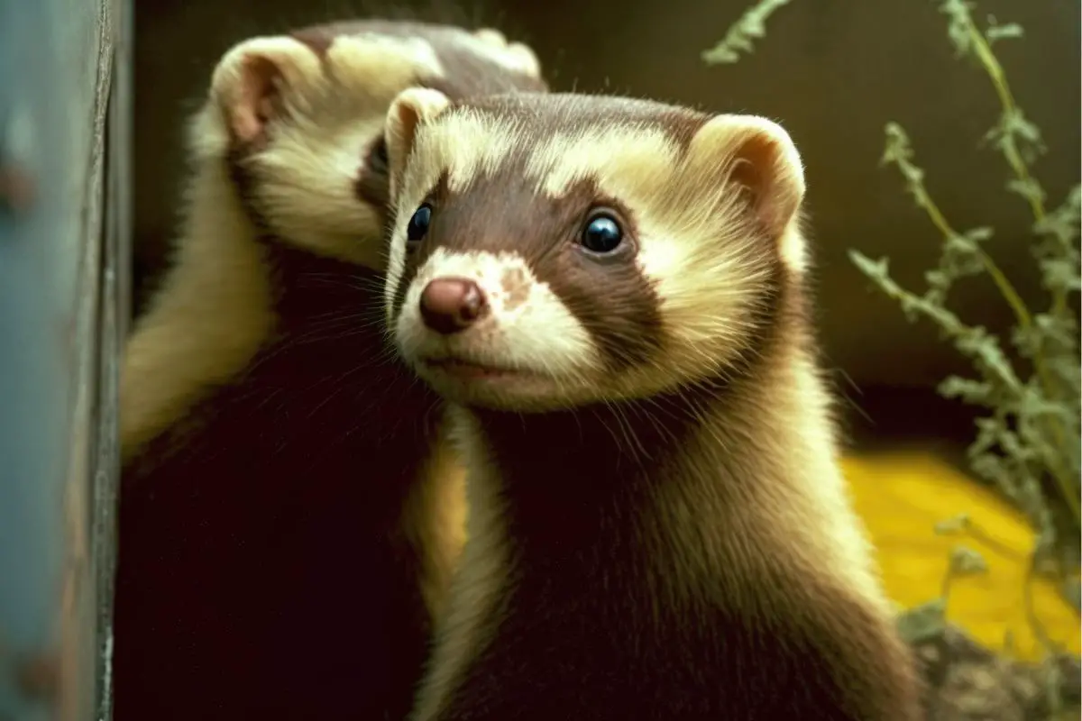 female ferret whispering in male ferret's ear