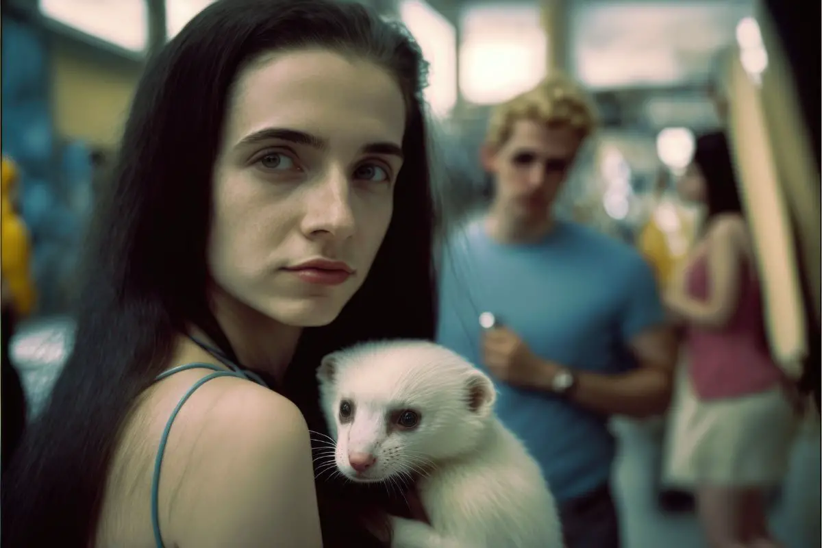 brunette in her early 30s holding a ferret
