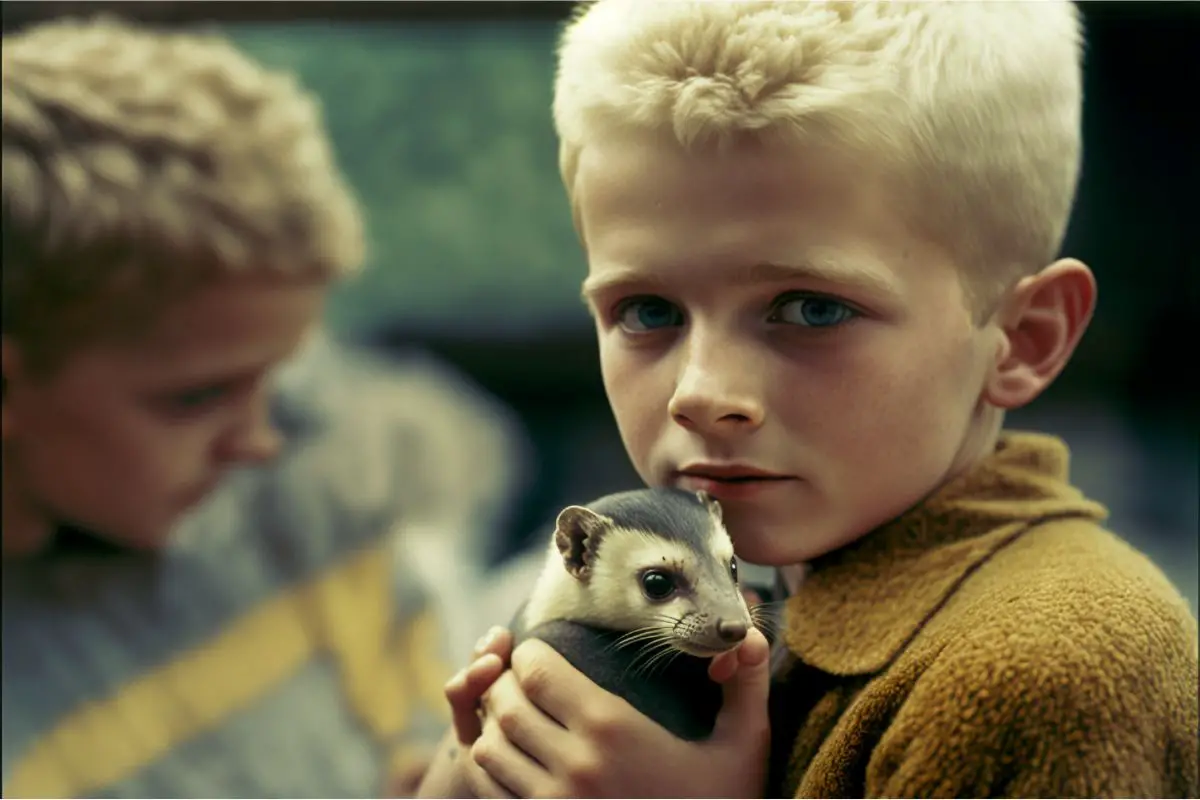 Young boy with 1960s style smelling his female ferret