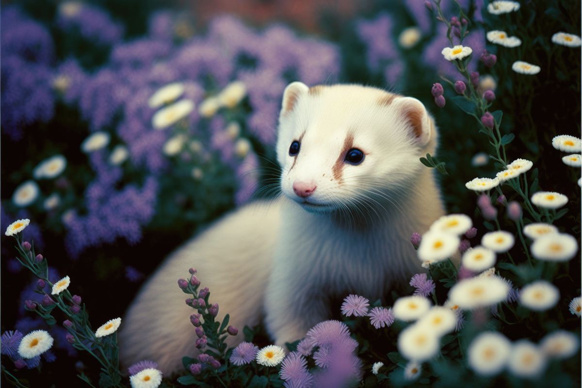 white ferret surrounded by purple and white flowers