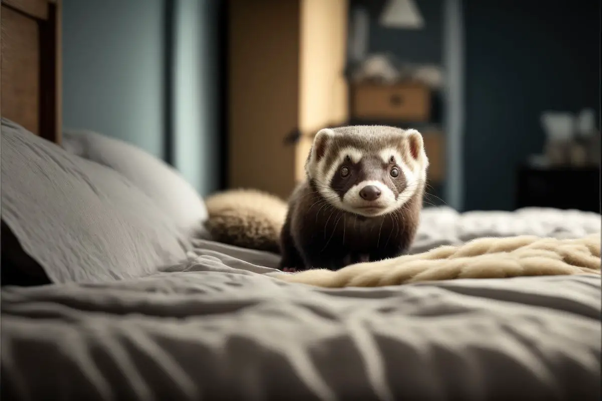 jealous ferret in a human bed