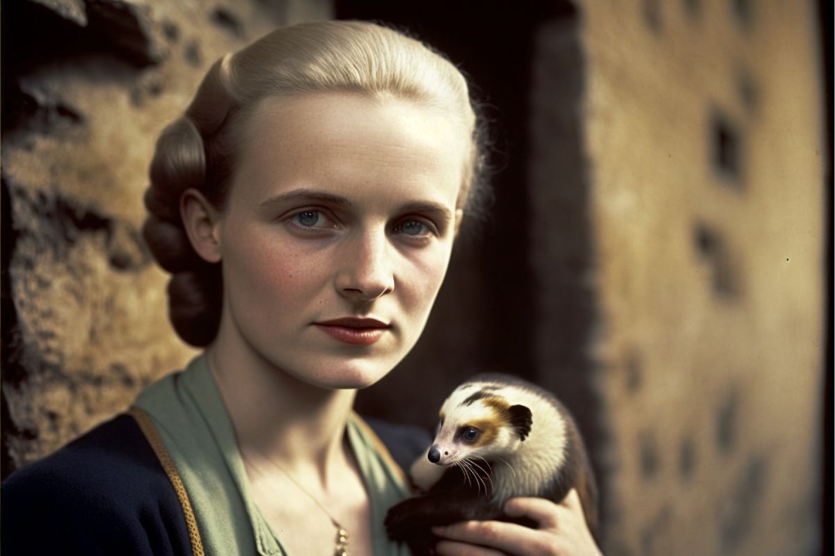 young woman 1930s style holding her ferret