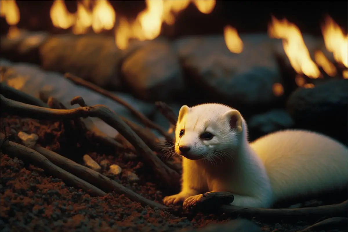 white ferret close to the fire