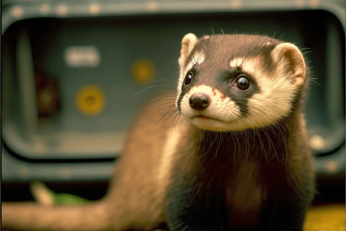 ferret standing in front of a shelf