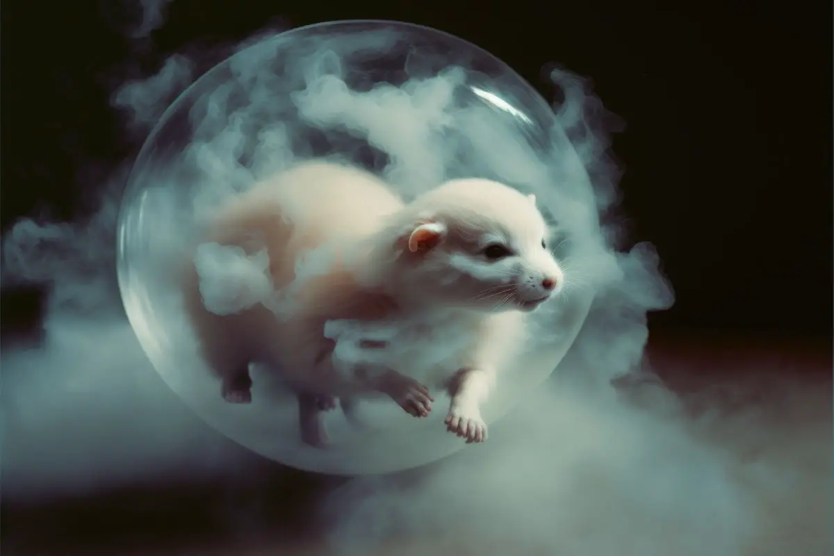 ferret art, ferret running in a huge bubble filled with smoke