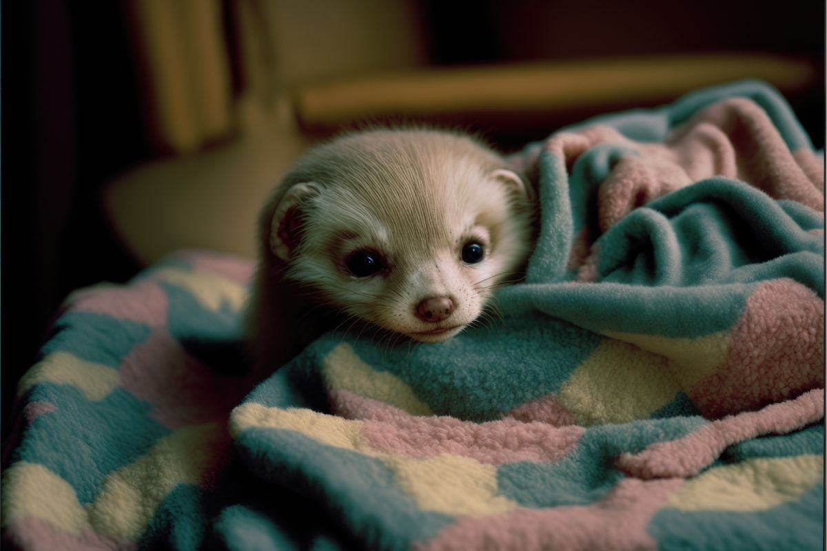 ferret showing up from under a teal and pink blanket