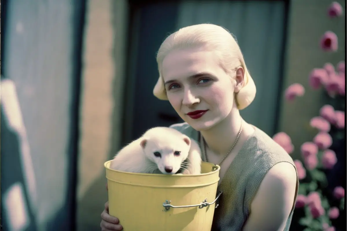1930s style blonde woman holding her ferret in a yellow bucket