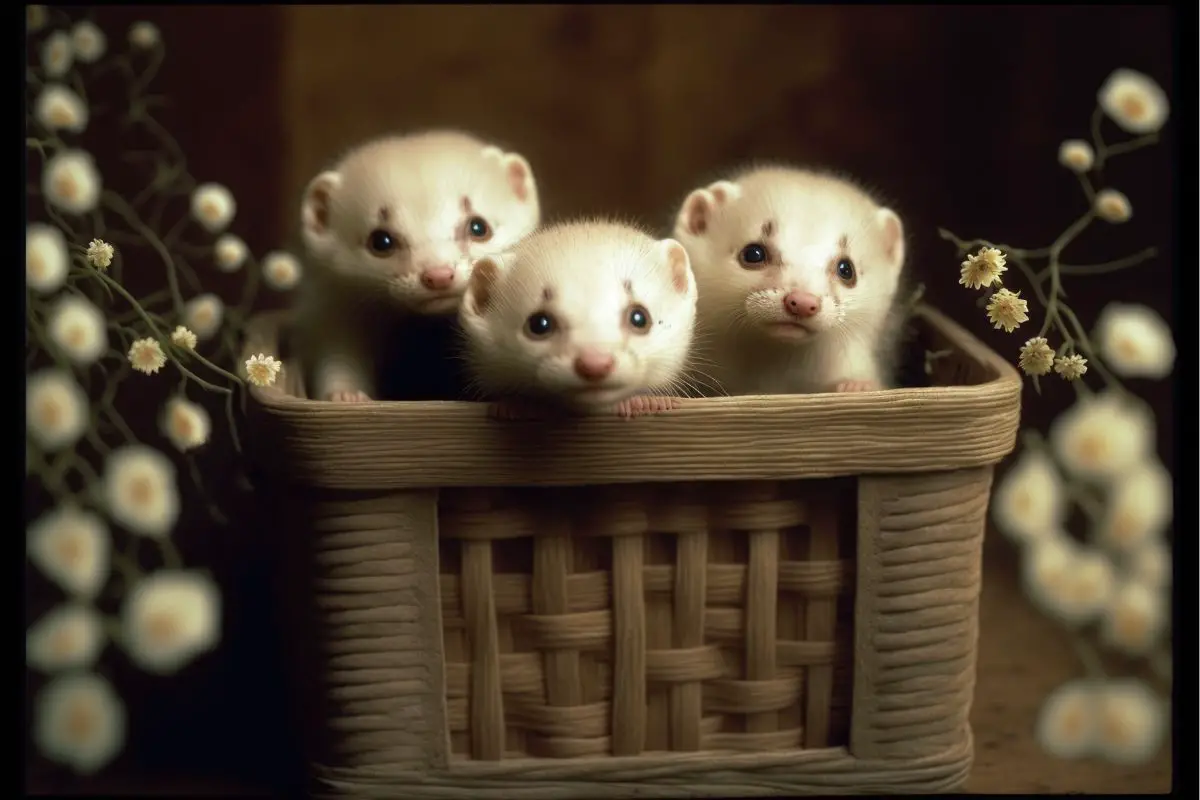 Three ferret kits in a beautiful basket