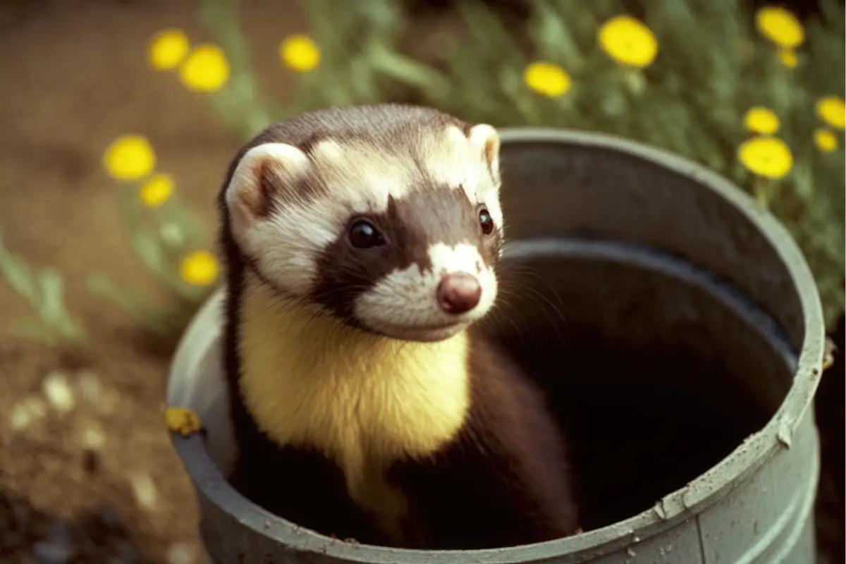 ferret sitting in a bucket
