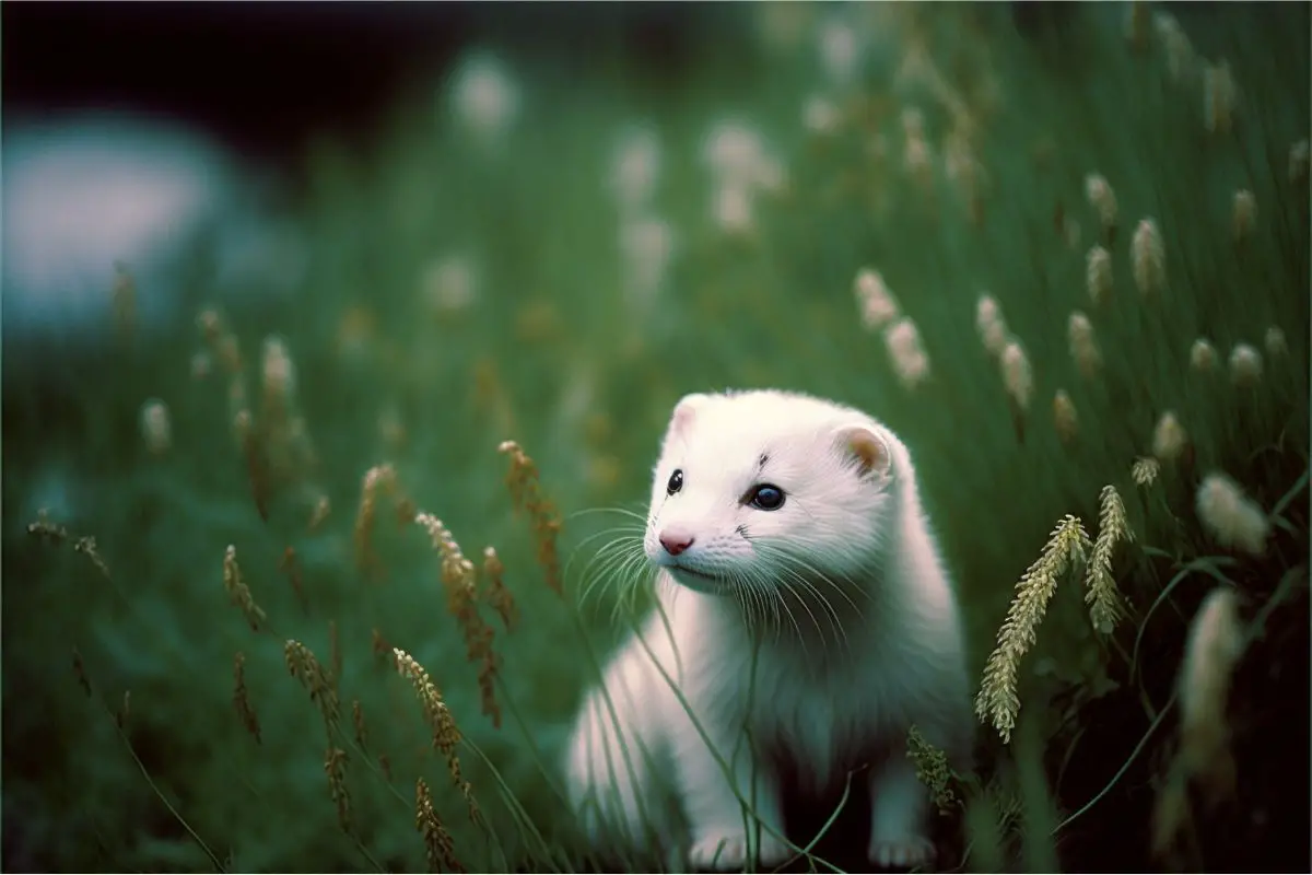 white ferret walking in the meadow