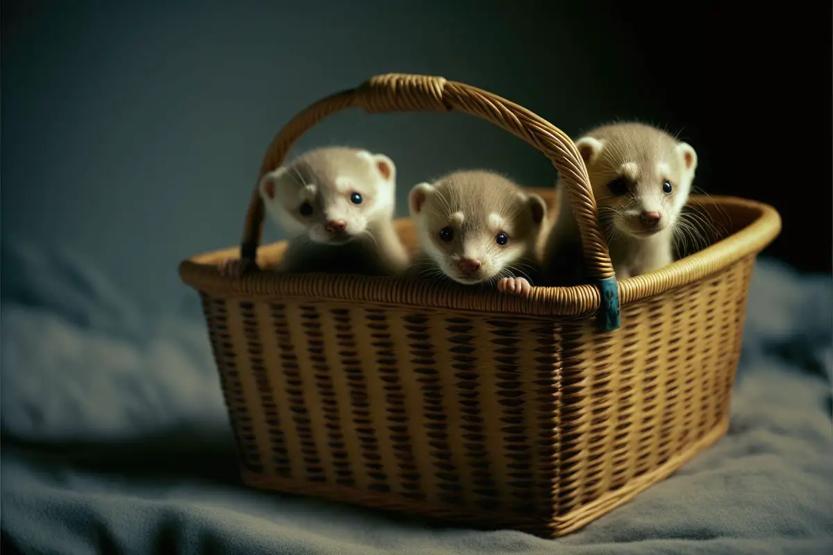 three cute ferret kits in a basket
