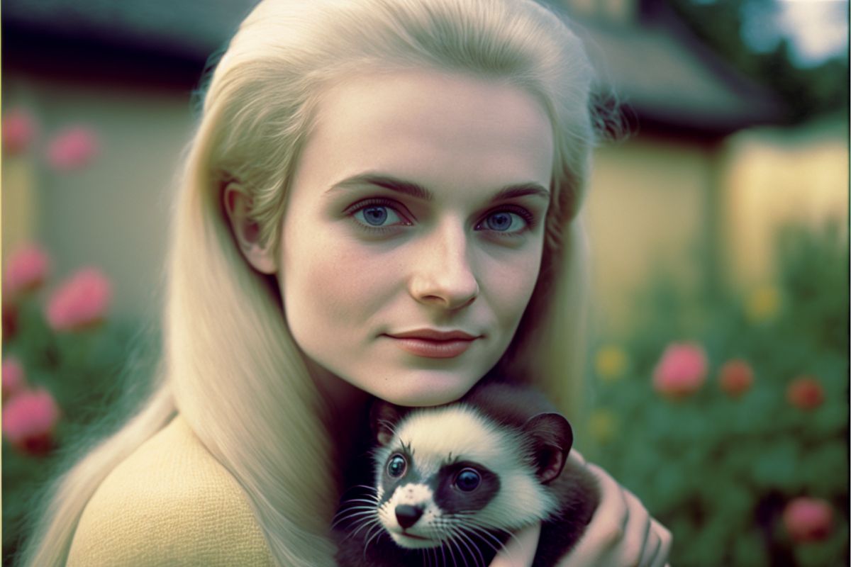 Blonde woman petting her ferret