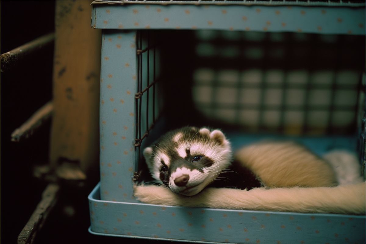 ferret sleeping in cage
