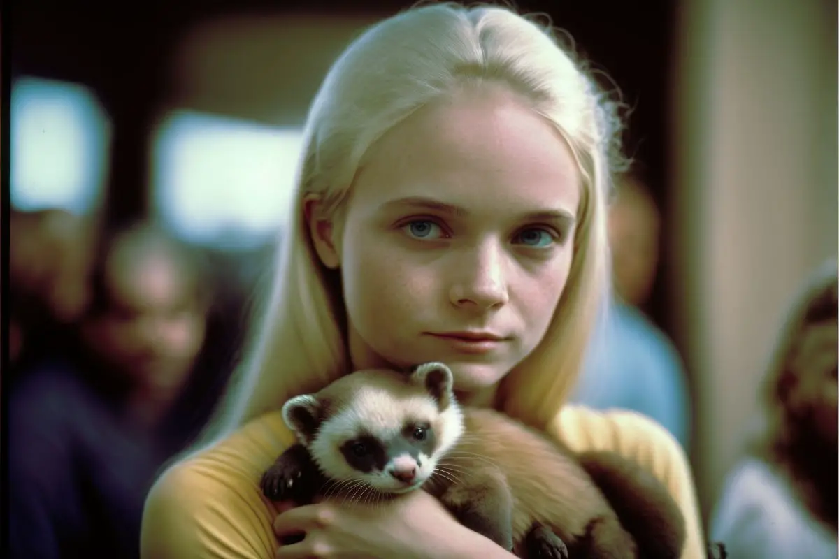 Young lady holding a ferret 1970s