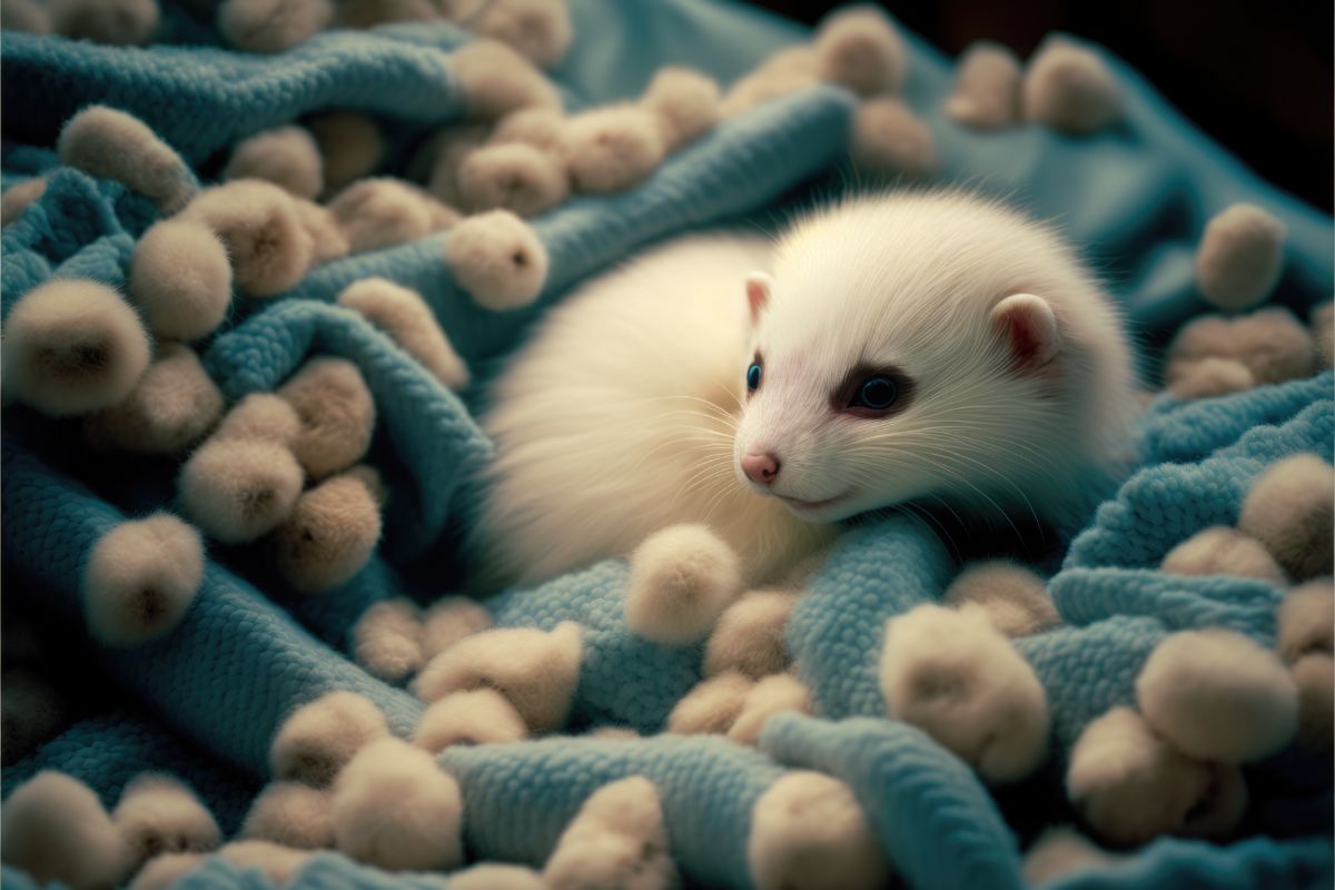 WHite ferret kit in a fluffy teal blanket