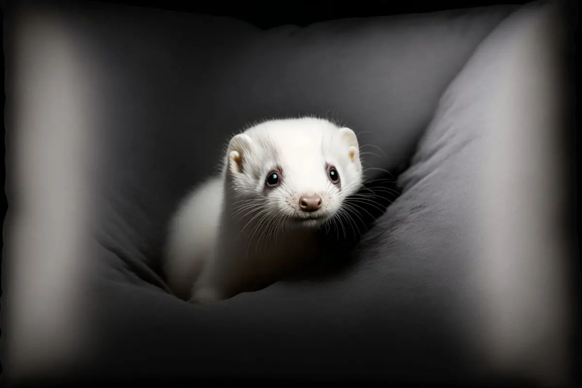 white ferret kit sitting on a pillow