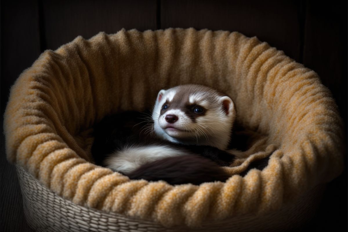 Potentially sick ferret in its bed