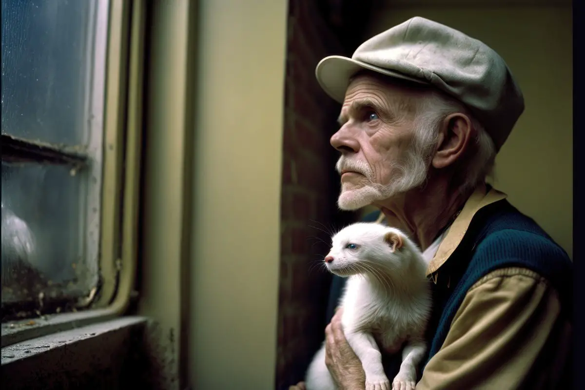 sad old man holding a white ferret