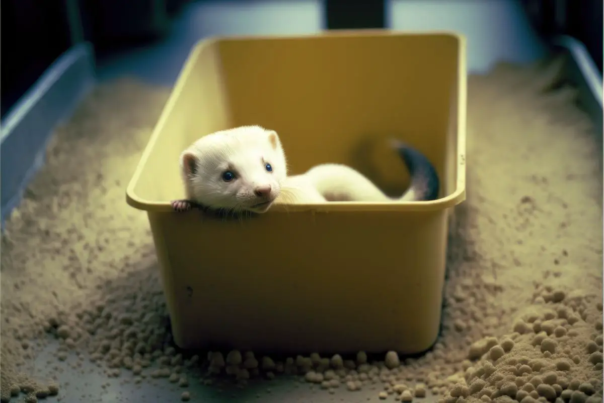 ferret in a yellow litter box