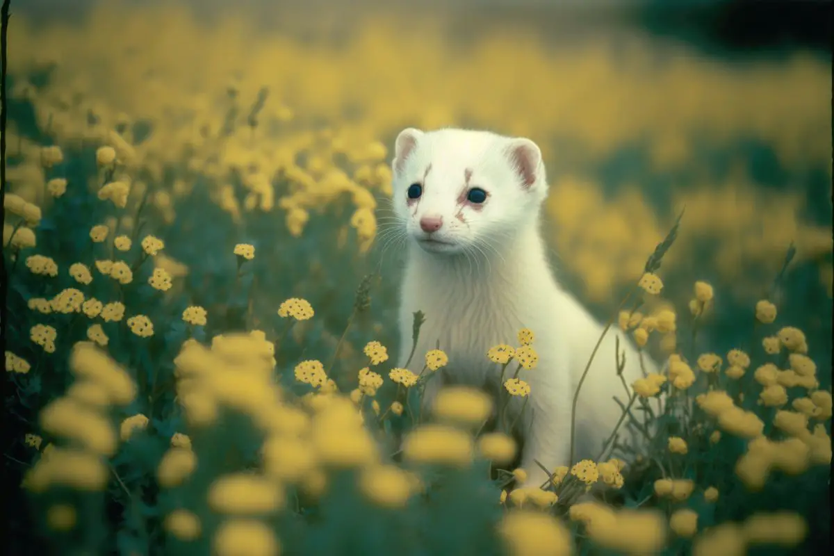 ferret in a meadow with yellow flowers