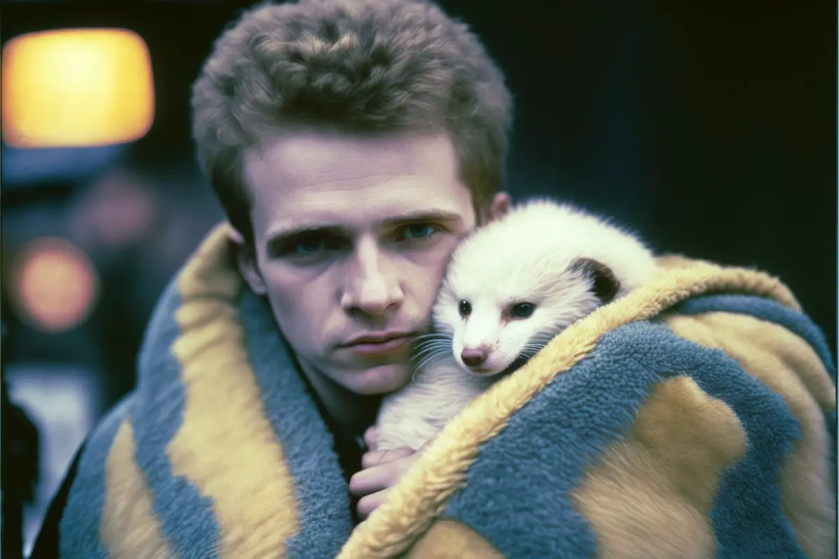 Young man carrying his angora ferret in the 1980s