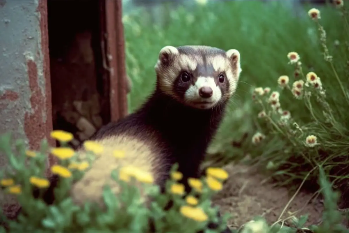 ferret outdoors next to a shed