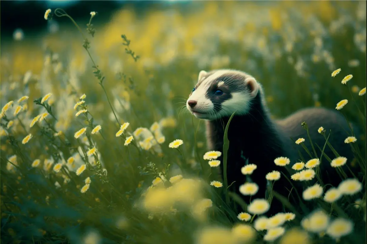 ferret and yellow and white flowers