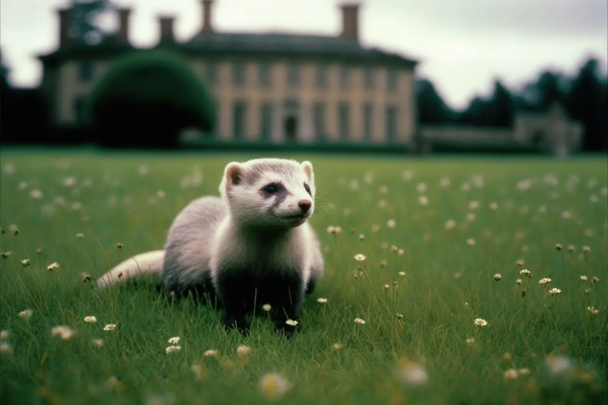 ferret on a lawn with huge house in the background