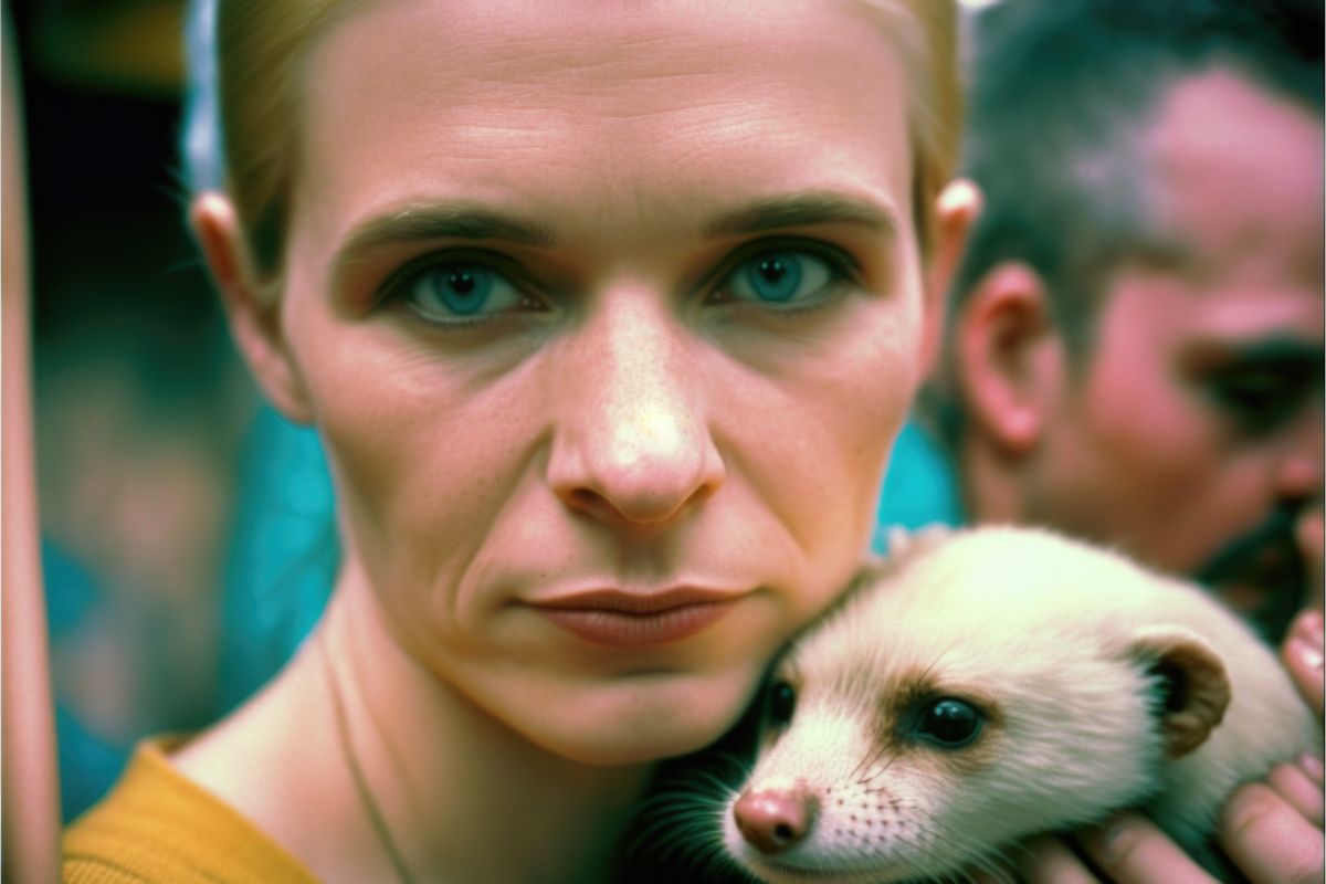 ferret held by a blonde mid-aged woman