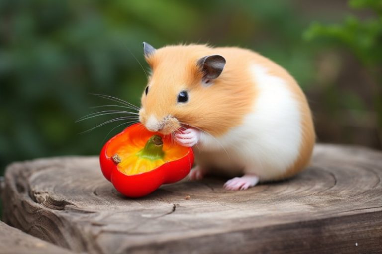 Hamster eating a bell pepper slice