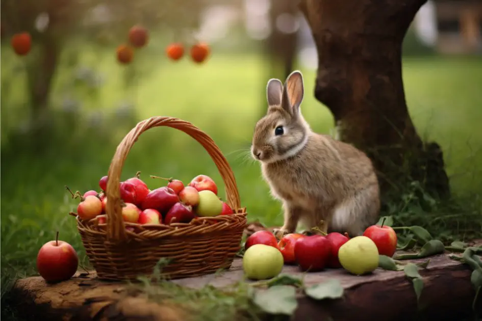 Rabbit sitting next to a basket of apples