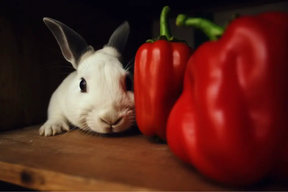 White rabbit and two red bell peppers