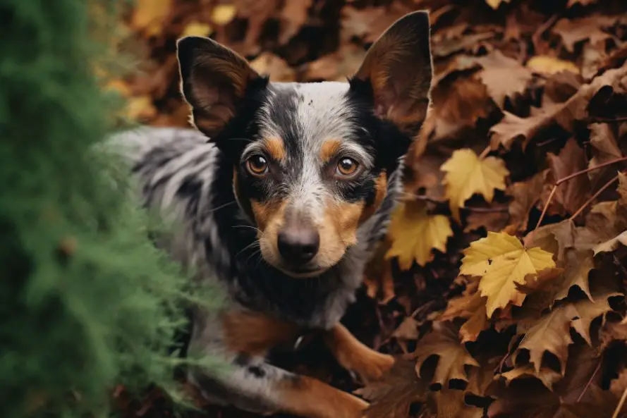 dog in dried leaves