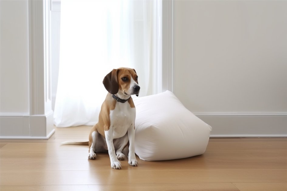 Dog sitting next to a pillow on the living room floor