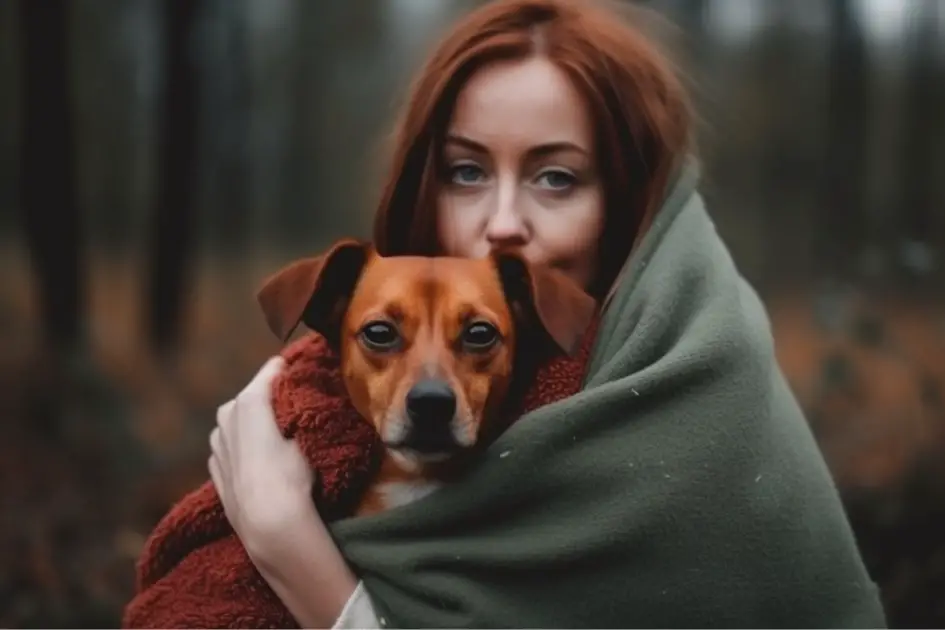 Owner holding her shaking dog in a blanket outdoors