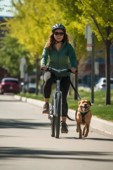 woman biking with her dog