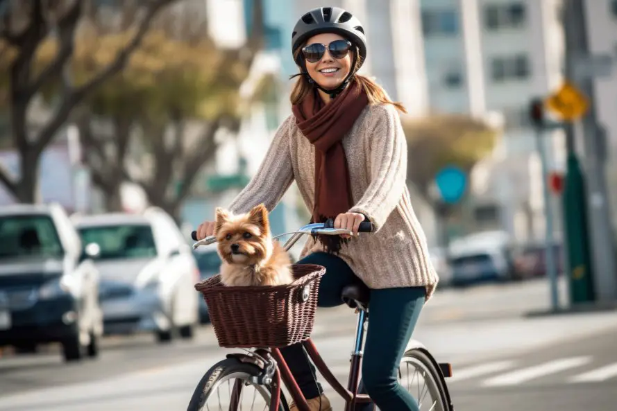 Woman biking with her small dog in a basket