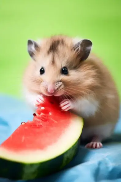 Hamster eating a piece of watermelon